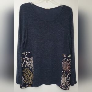 Stitch Fix Le Lis Variegated Navy Multimedia Top, Floral Accents, XL, 16-18